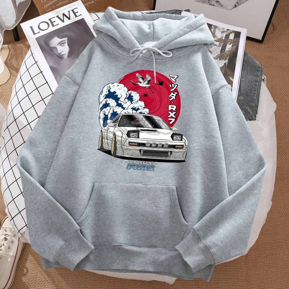 Japanese Car Waves Crane Red Sun Prints Hoody Men Fashion Oversize Sweatshirt Autumn Pocket Warm Hooded Hipster Soft Streetwear