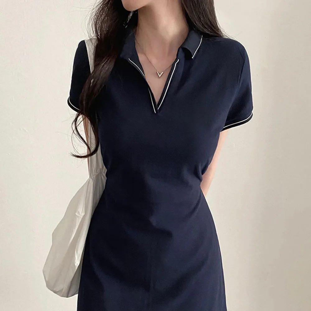 Women's SimpleSolid Dress Summer V-neck Lapel Short Sleeves Slim Fit A-line Mid-Calf length Contrast Color Lock Edge Design