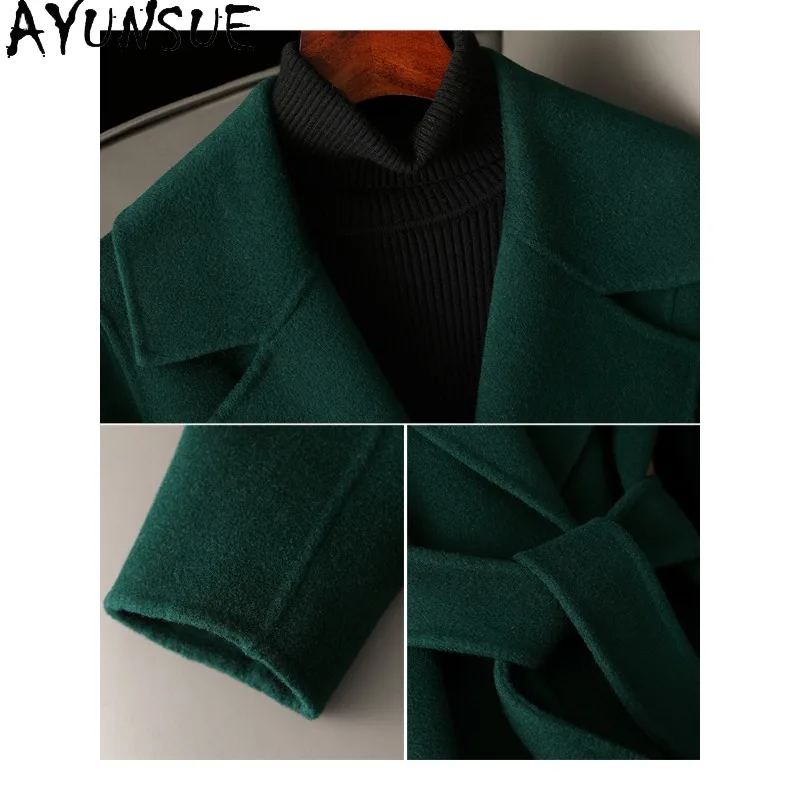AYUNSUE 100% wollen jas Halflang 2025 Dubbelzijdige wollen groene jas Winterjassen voor dames Elegante dameskleding Biscurrence Annavé