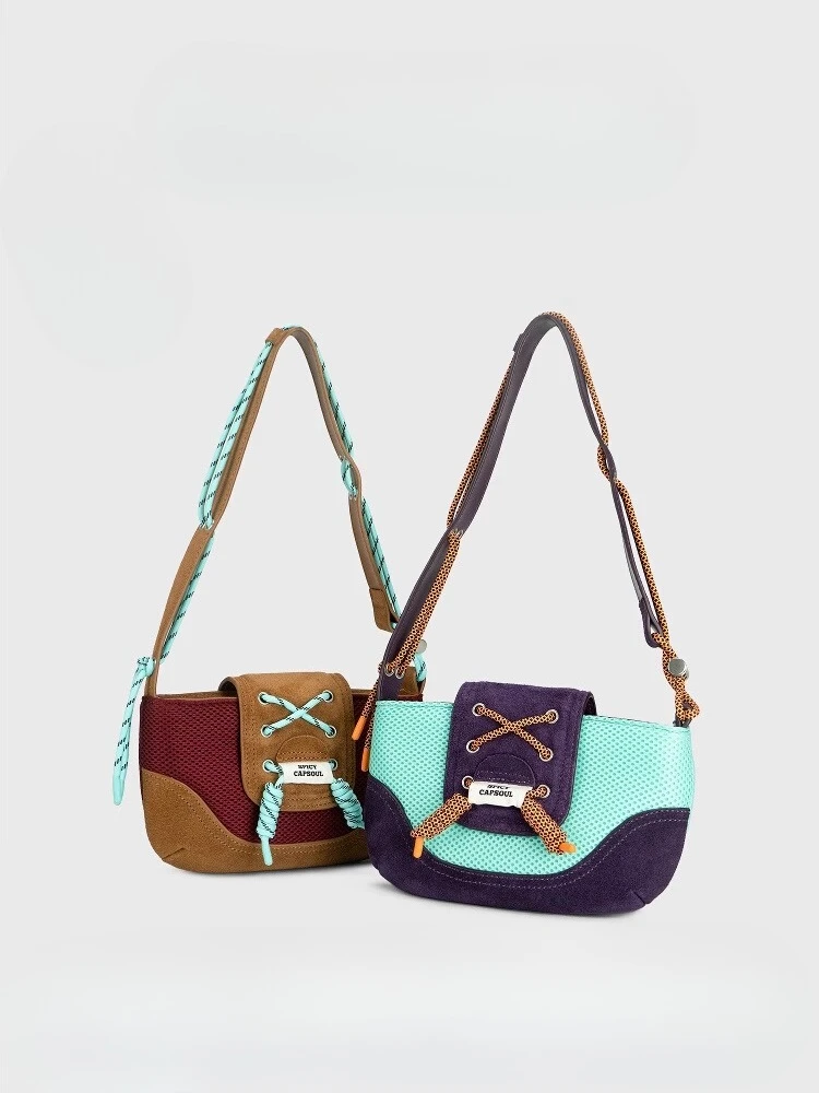 

Original retro mesh anti-velvet cowhide contrasting color baseball baguette bag crossbody