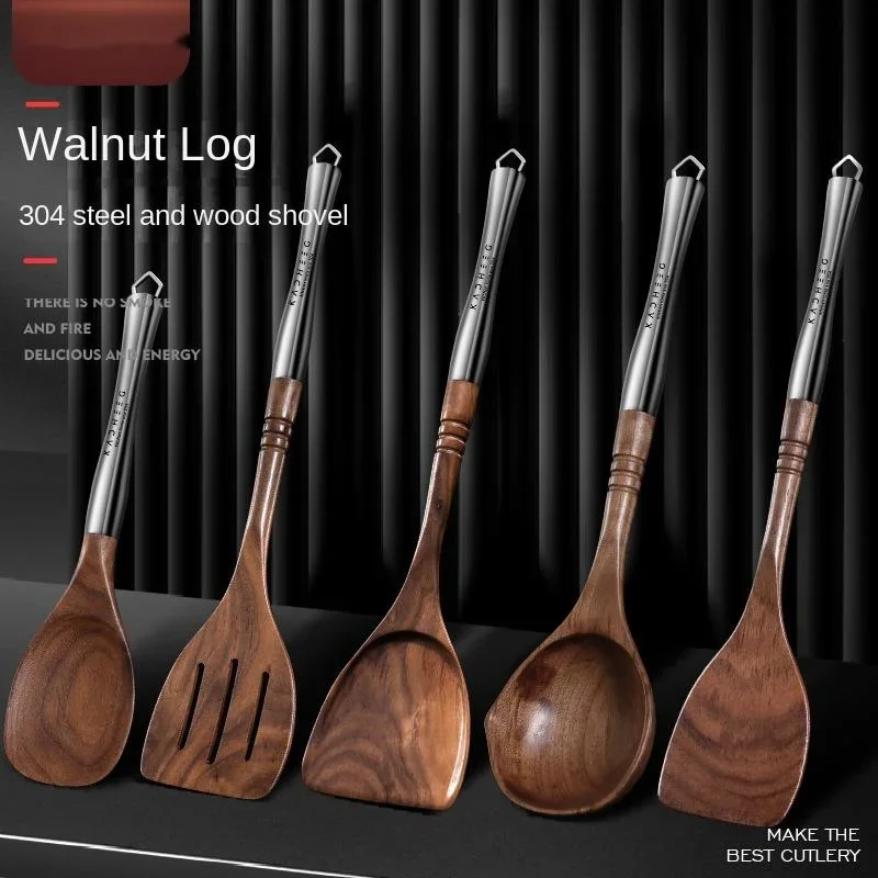 Walnut Cooking Scoop Shovel 304 Stainless Steel Kitchenware Set Family Spoon Rice Scoop Non Stick Pan Spatula