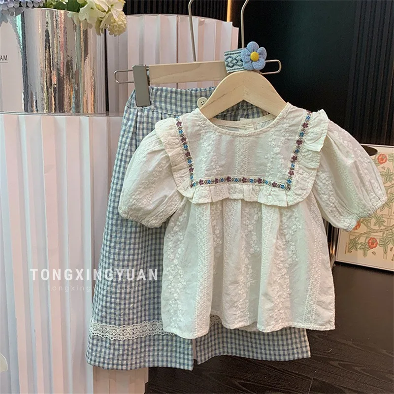 

Girls' Suit2024Summer New Children Mori Style Embroidered Blouse+Lattice loose pants