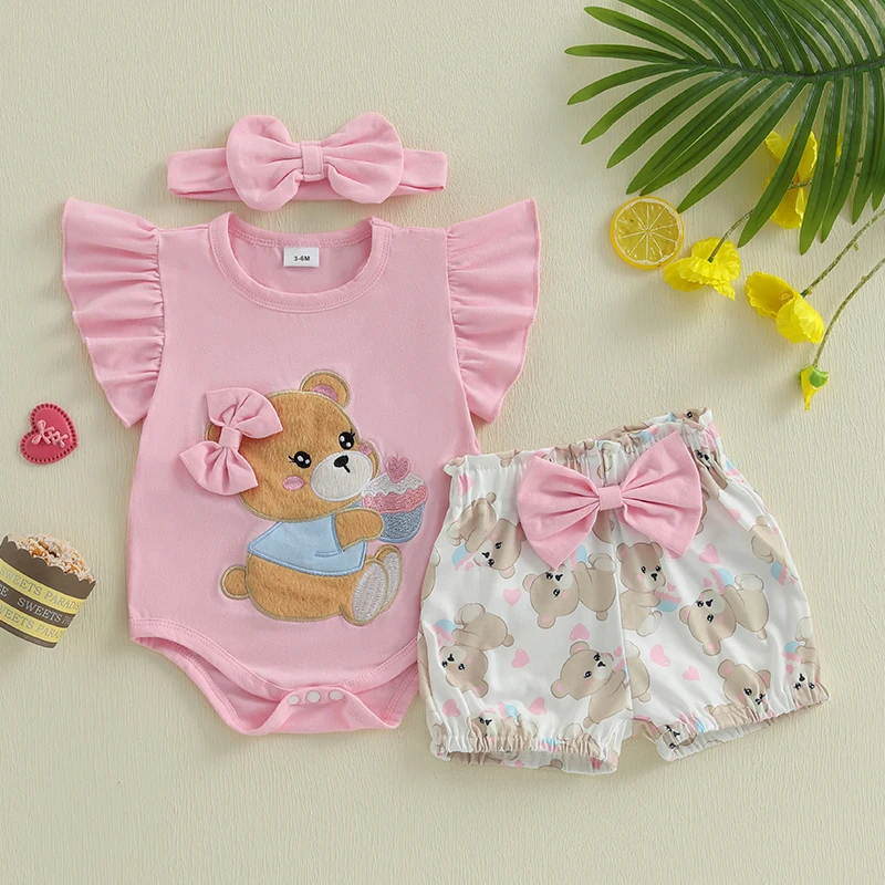 طقم شورت للفتيات الصغيرات بأكمام قصيرة على شكل دب/بقرة، شورت بخصر مطاطي مع ربطة شعر ملابس صيفية