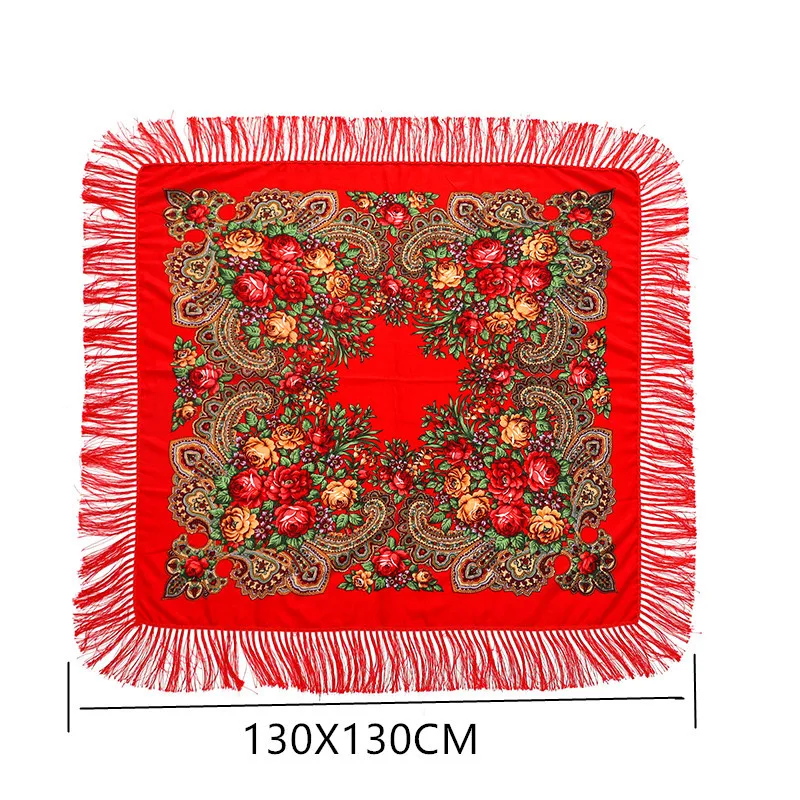 130*130cm Luxury Floral Print Russian National Square Scarf UKrainian Polish Women\'s Fringed Shawl Babushka Female Head Wraps