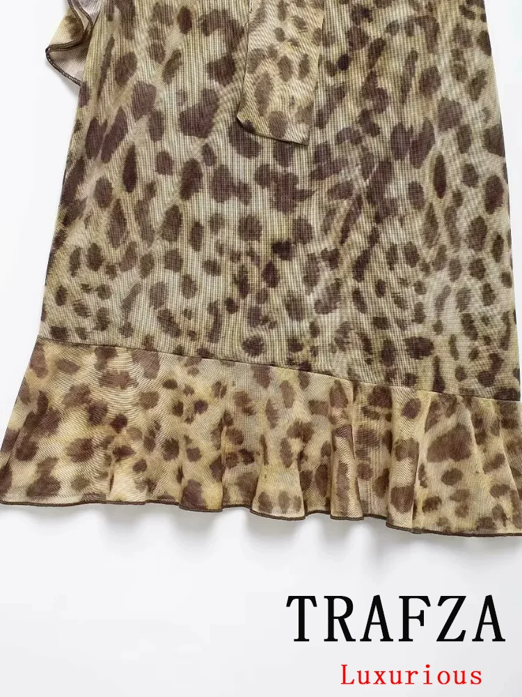 TRAFZA Vintage Sexy Chic Women Dress Leopard Print Halter Backless Sheath Straight Mini Dress Fashion 2024 Autumn Female Dress
