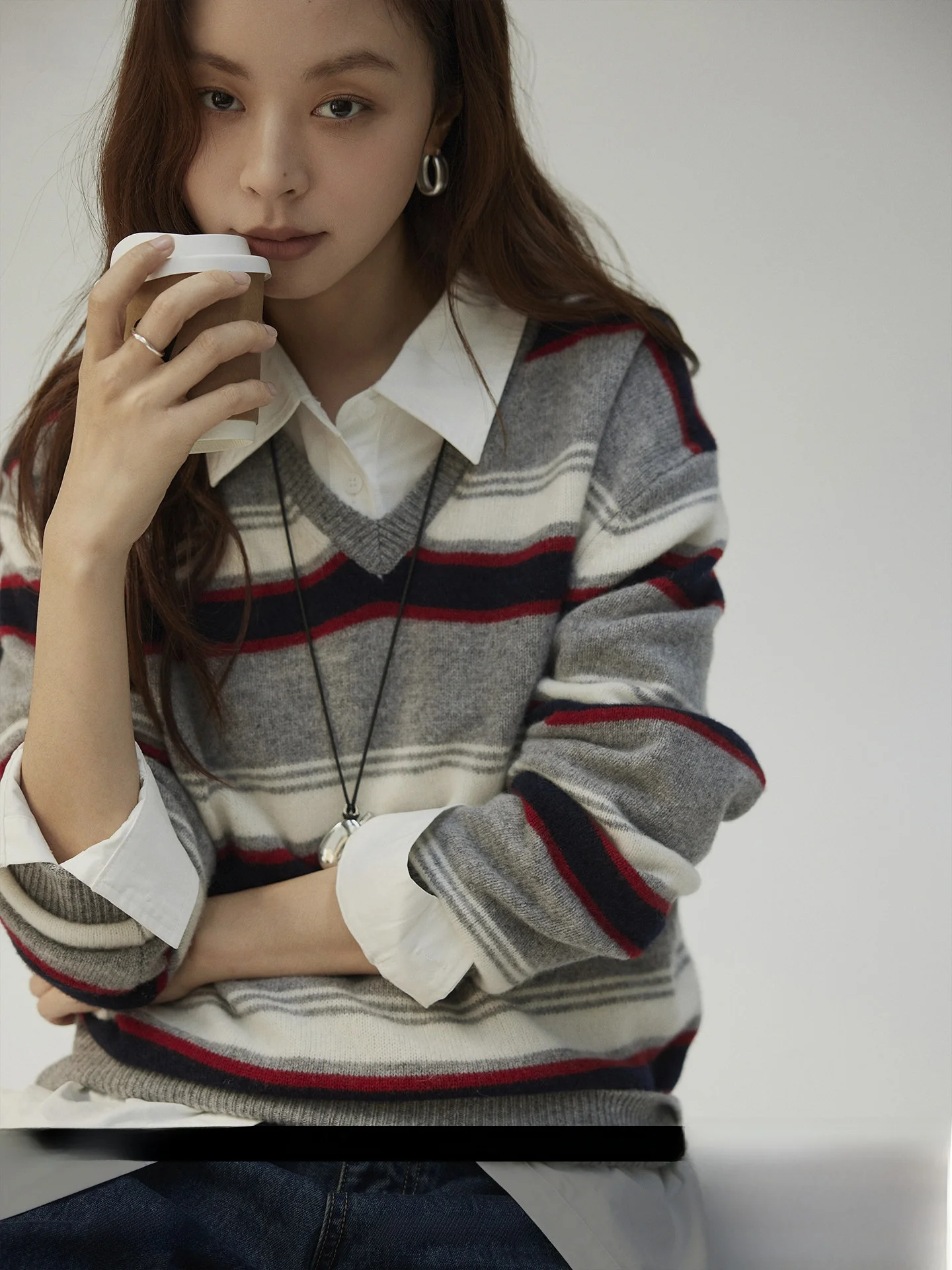 

Joli Choose Women's V-Ne Knitwear Casual Sle 00% Wool Autumn Winter Simple Striped Sweater Loose Fit Faion Top