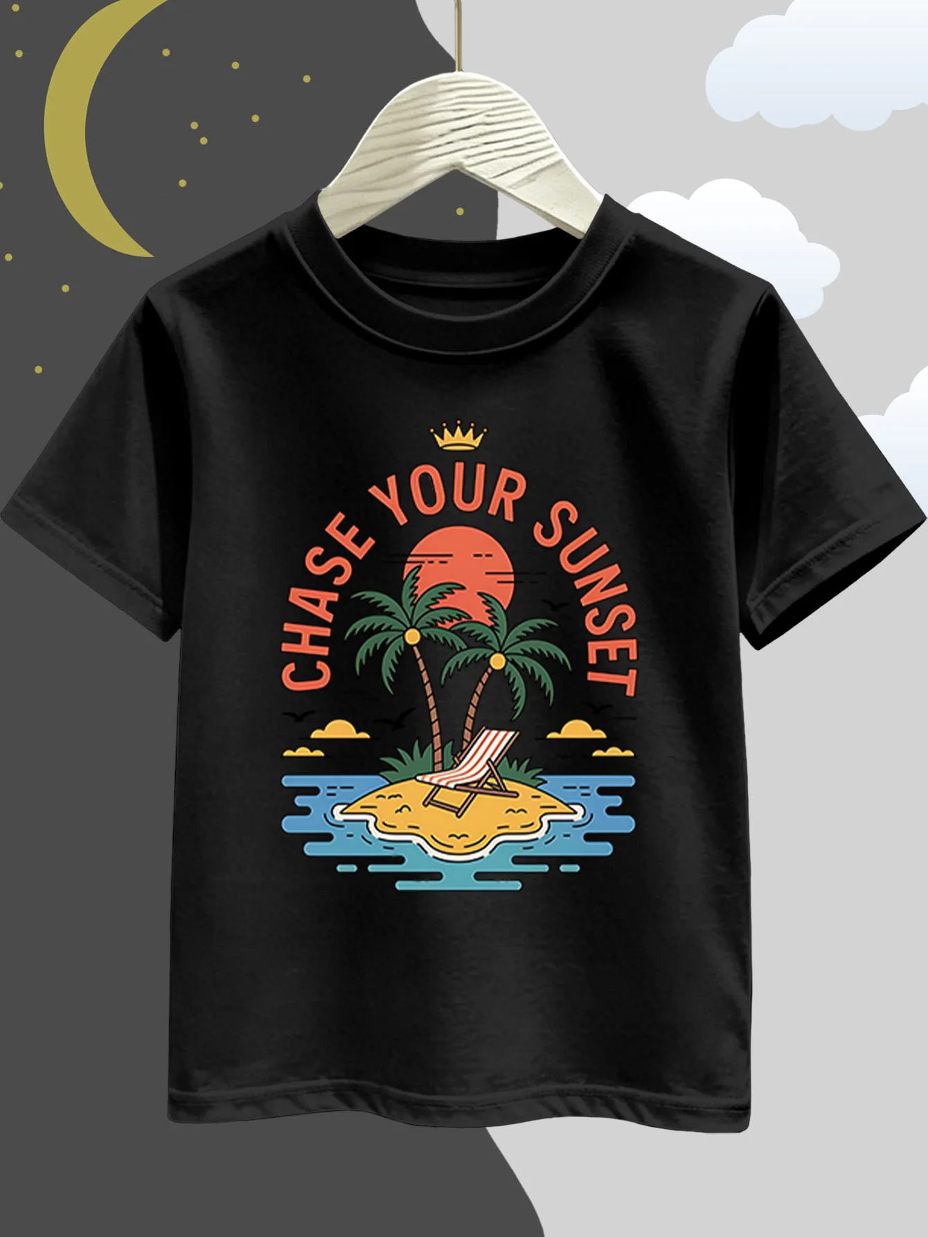 Island Sunset Palm Tree Print Boys Girls T Shirt Beach Holiday Kids Tee Parent Child Matching Casual Summer Family Daily Tops
