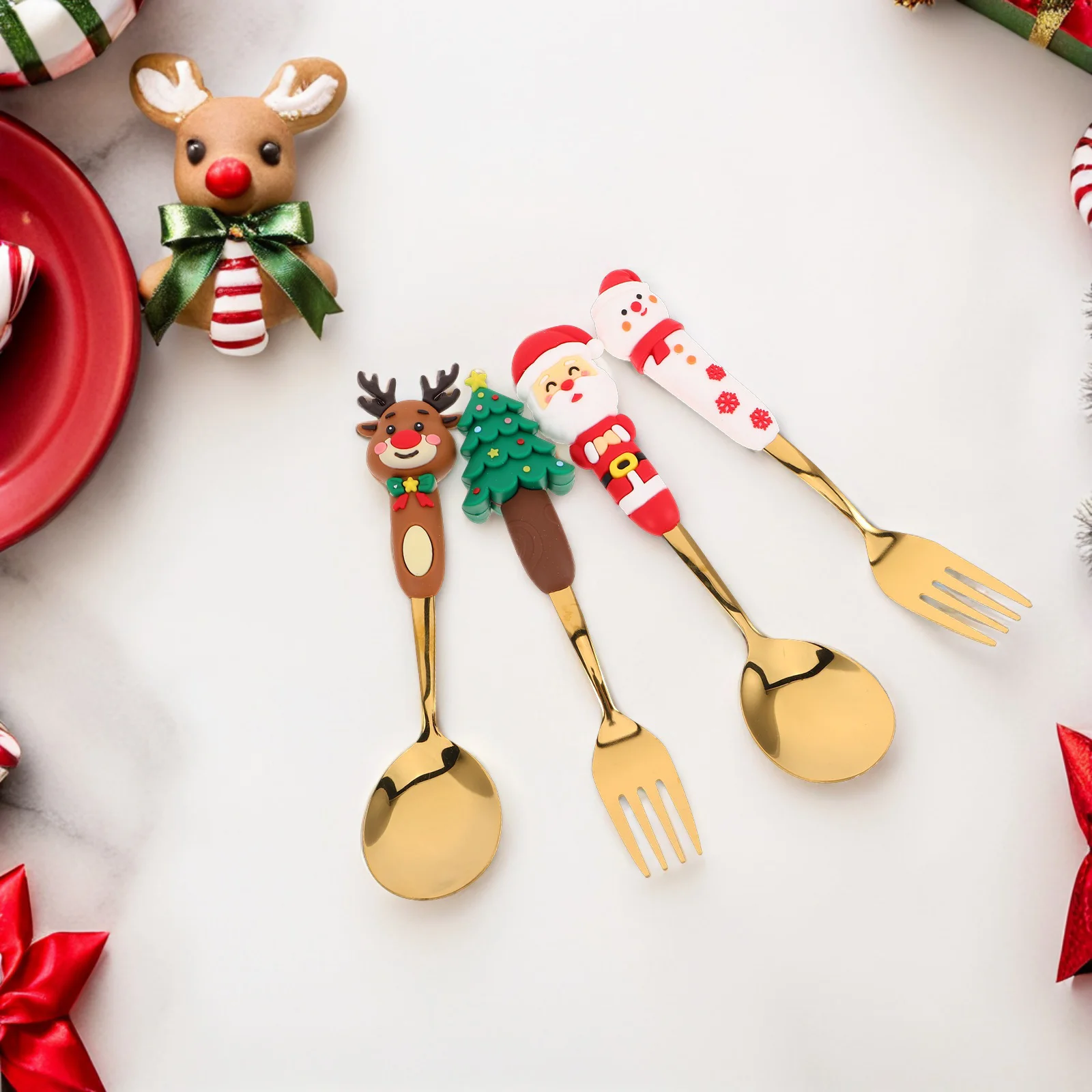 

4Pcs Christmas Tableware Stainless Steel Dessert Forks Spoons Santa Xmas Tree Design Festive Dinner Coffee Stirring Set