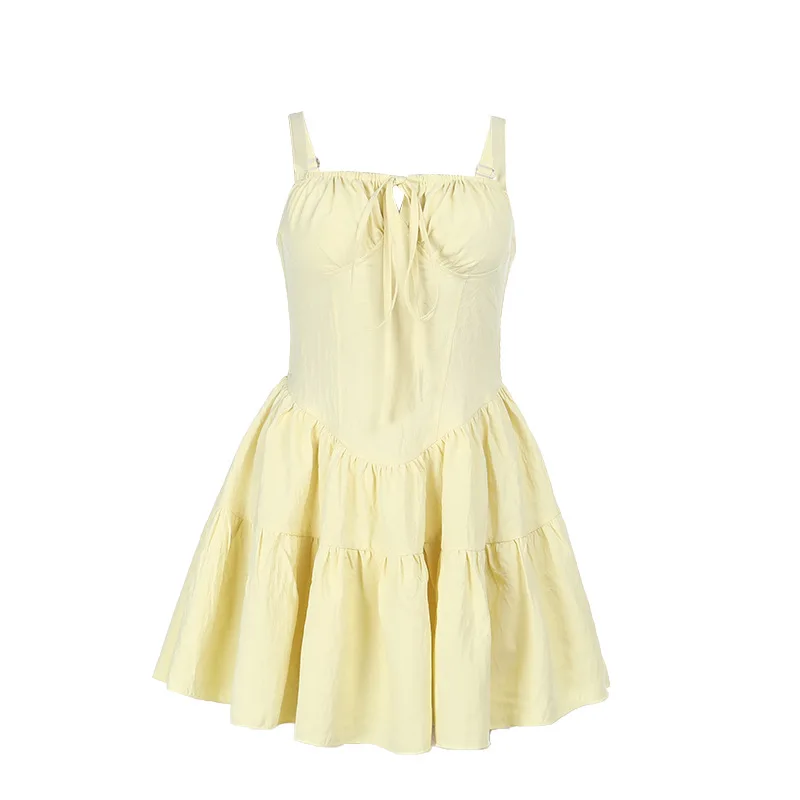 섹시한 허리 조임 레이스업 A라인 드레스 미드 웨이스트 폴리에스터 봄 시즌 무지 스커트 순색