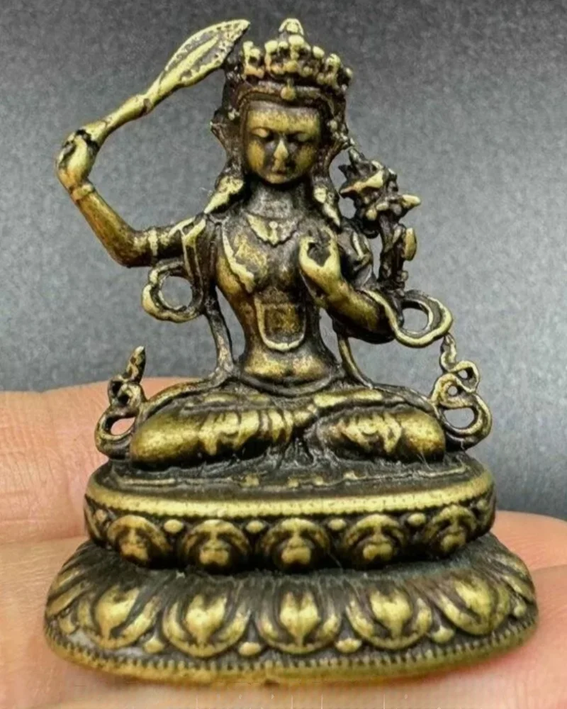 Sculpture d'épée de sagesse Feng Shui Wenshu Manjushri, vieux Bronze chinois de 1.2 pouces