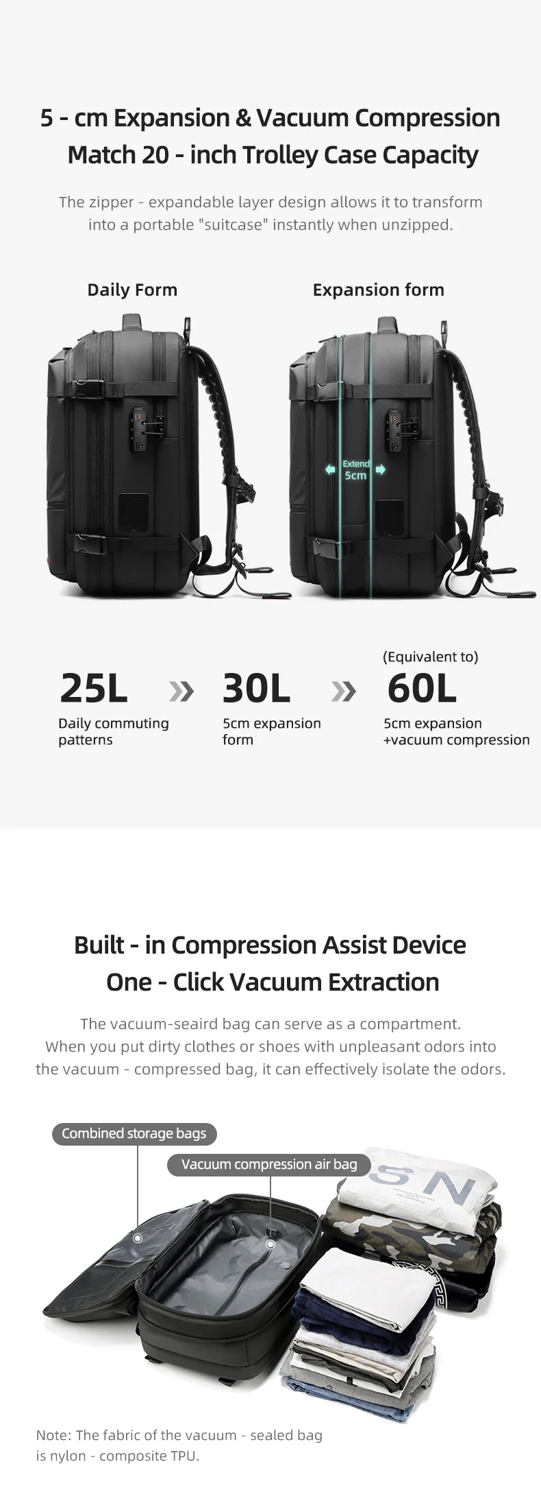 Herren-Reiserucksack mit One-Click-Start-Pumpe, Vakuum-Kompression, Laptopfach, Wandern, Outdoor, 17 Zoll, erweiterbarer Schulrucksack – Detail 13