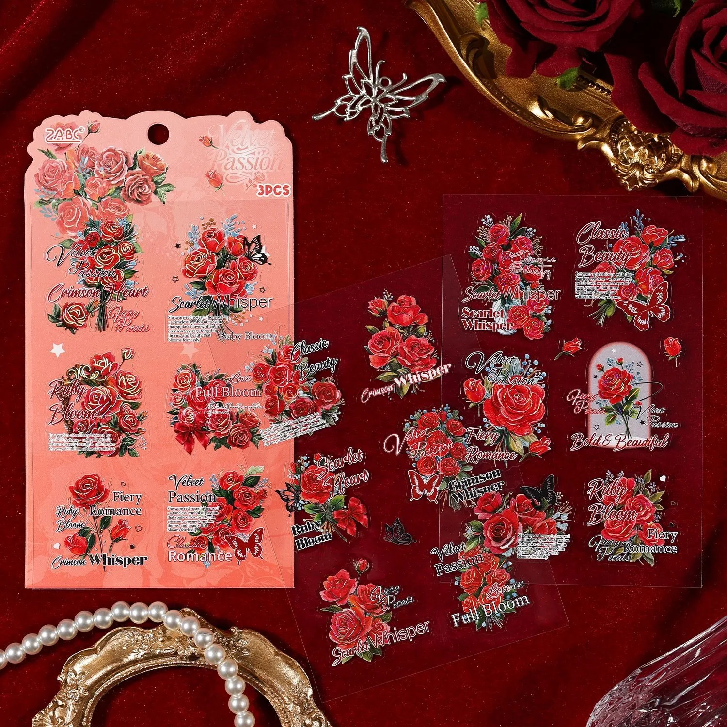 3 Sheets/pack Rose Gazette Foil Stickers Decorative Adhesive Waterproof PET for DIY Journals Scrapbooking Crafts Stick Set