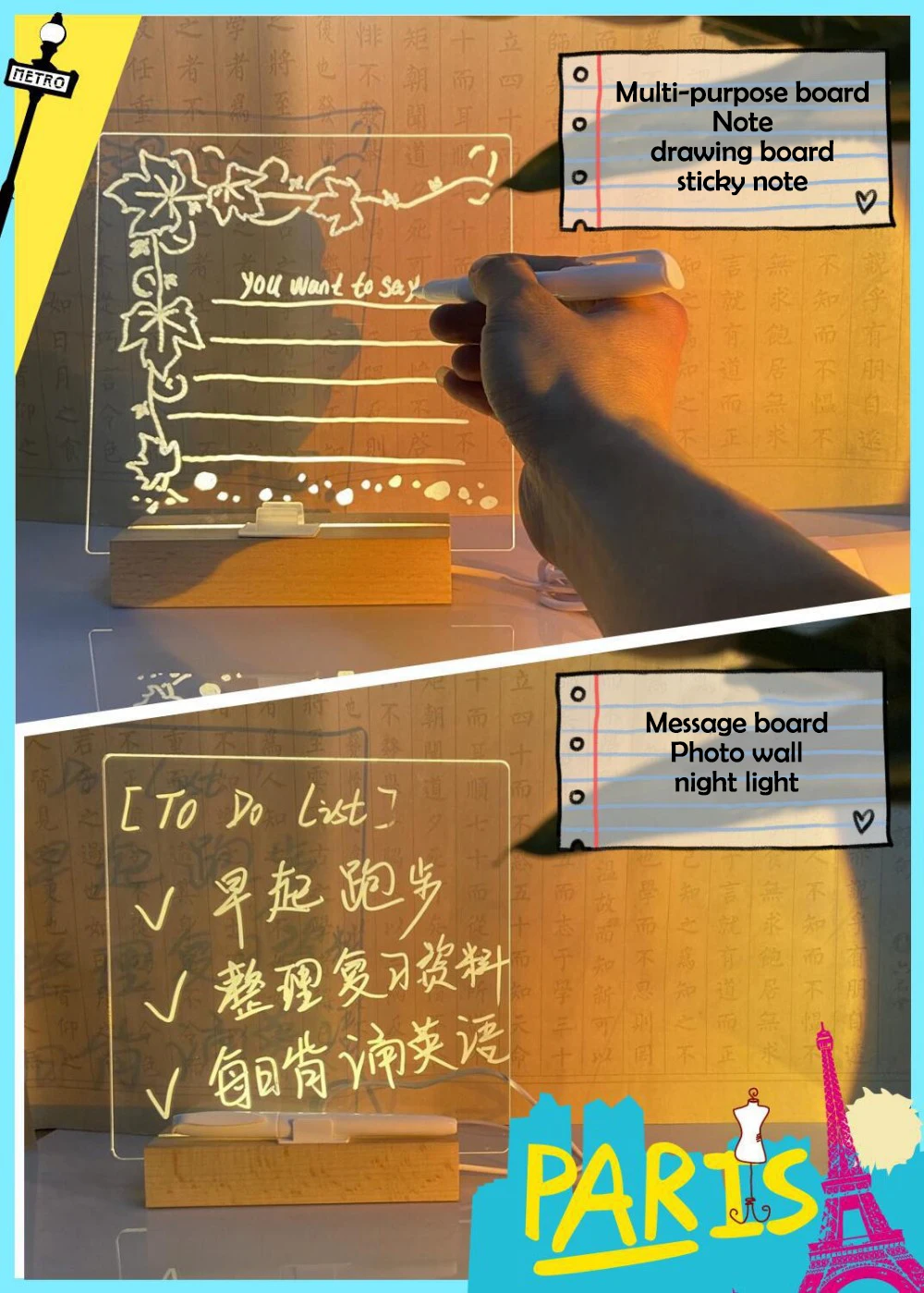 LED Note Board Night Light with 7 Colors Pen Lighted Acrylic Drawing Board Glowing Message Marker Board For Office School Home