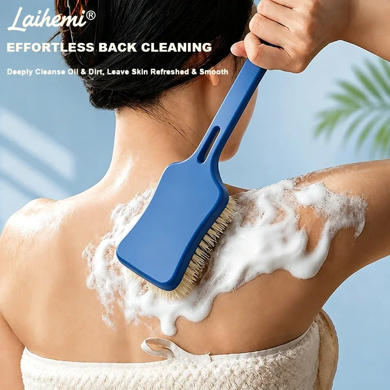 14.17in Extra Long Handle Back Shower Brush, Wide Head Dense Soft Bristle Hanging Exfoliating Body Scrubber for Deep Clean