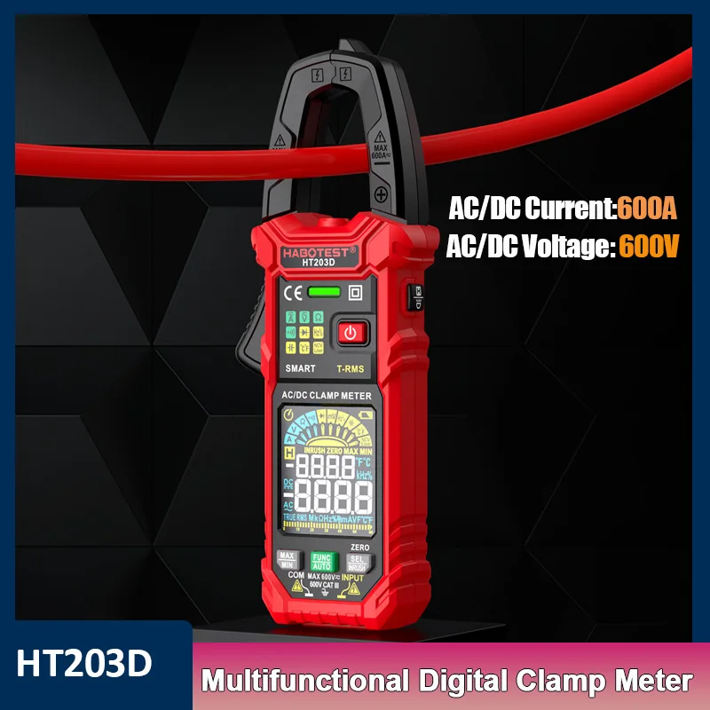 HT203D/HT205D Digital Clamp Meter 600V 600A True RMS AC/DC Current Amp Meter Measures Voltage Inrush Current Temperature Tester