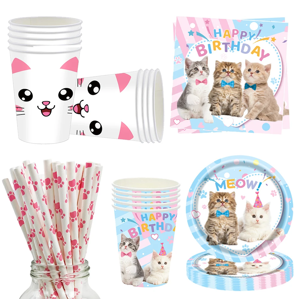 Katze Geburtstag Dekoration Katzen Party Pappteller Servietten Strohhalme Tasse Einweggeschirr Katze Thema Kinder Geburtstag Party Supplies