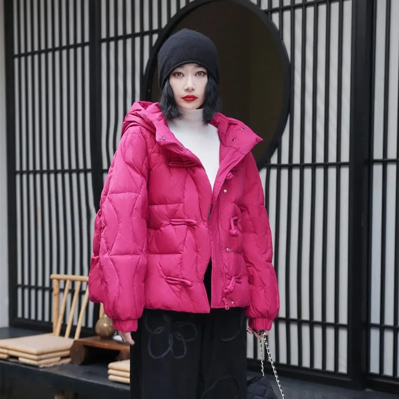 여성용 짧은 두꺼운 버클 후드 레트로 민족 스타일 화이트 덕 다운 루즈 다운 재킷 가을 및 겨울 신상 다운 재킷