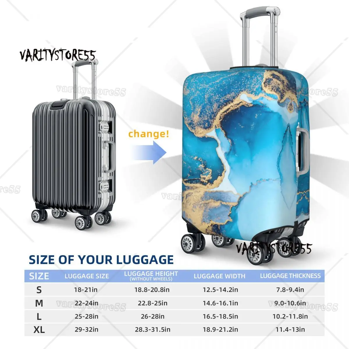 Custom Luxury Blue Abstract Texture Marble Pattern Luggage Cover Protector Elastic Travel Suitcase Covers