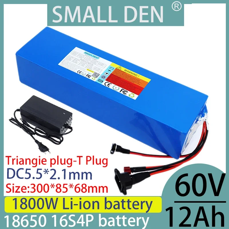 ใหม่ 60v 12ah 18650 16S4P แบตเตอรี่ลิเธียม 0-1800W ในตัว BMS สกู๊ตเตอร์ไฟฟ้าจักรยาน + 84V 2A 3A charger