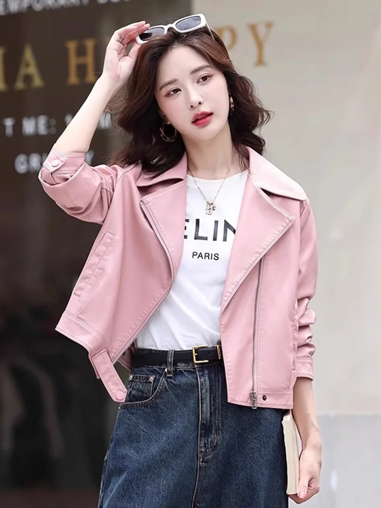 Nouveau Femmes Ample Veste en Refente de cuir Printemps Automne Mode Col cranté Manches longues Manteau court Veste en Refente de cuir décontractée Femme