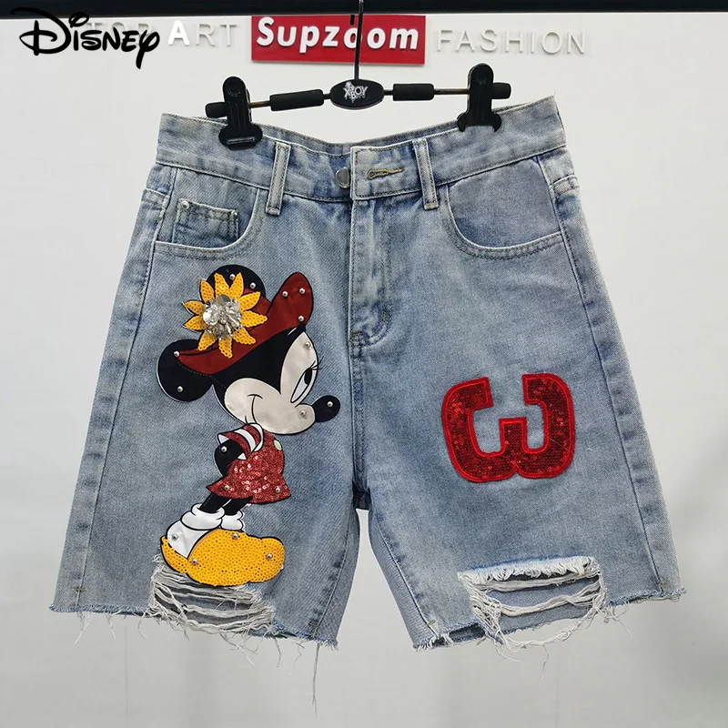 

Disney New Arrival Top Fashion Cotton Women Embroidery Beading Mickey Mouse Female Summer Big Irregular Flash High Waist Short