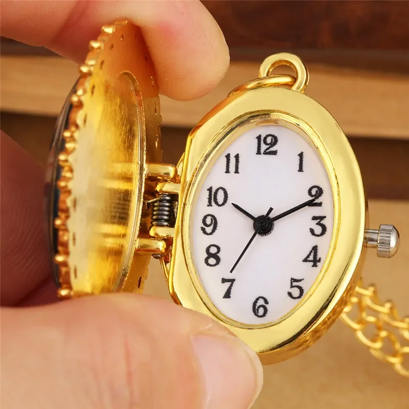 Golden Oval Shape Virgin Mary Design Unisex Quartz Analog Pocket Watch Pendant Religion Clock with Sweater Chain Souvenir