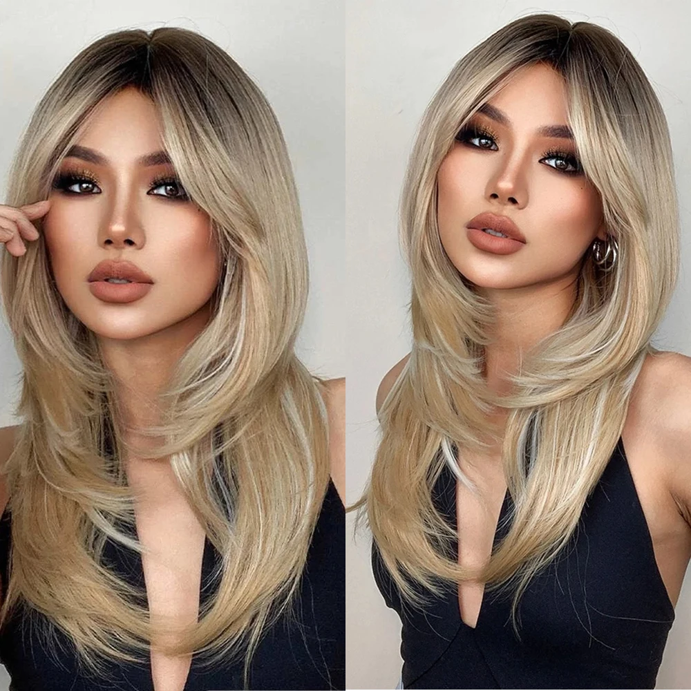 Long Blonde Mixed Wig with Bangs Ombre Layered Straight Synthetic Hair Wig with Dark Roots Bangs for Women Natural Looking Daily