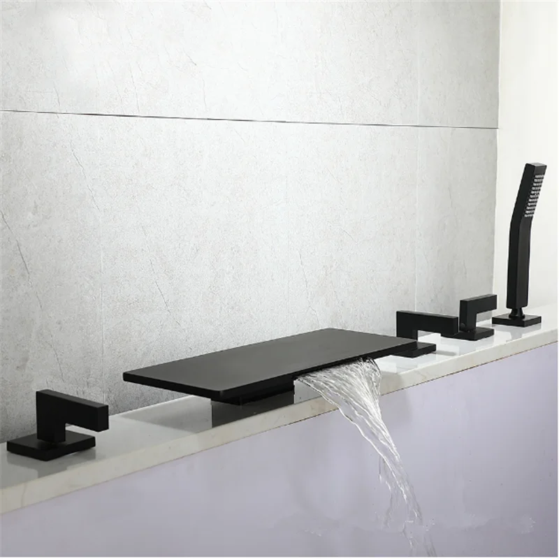 

Комплект смесителей для ванны и душа из матовой латуни под золото, с функцией горячей и холодной воды, черный смеситель для ванны с ручным душем, встраиваемый, с эффектом водопада