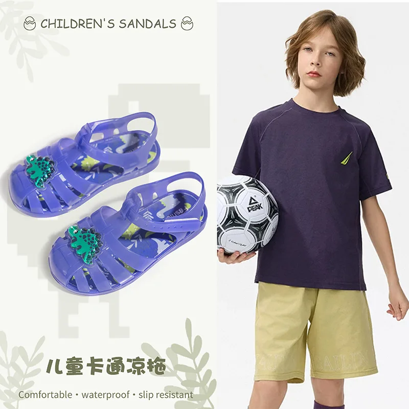 Summer Children Dinosaur Crystal Jelly Sandals Kids Multi-Color Roman Beach Shoes Boys Girls Hollow Breathable Casual Sandals