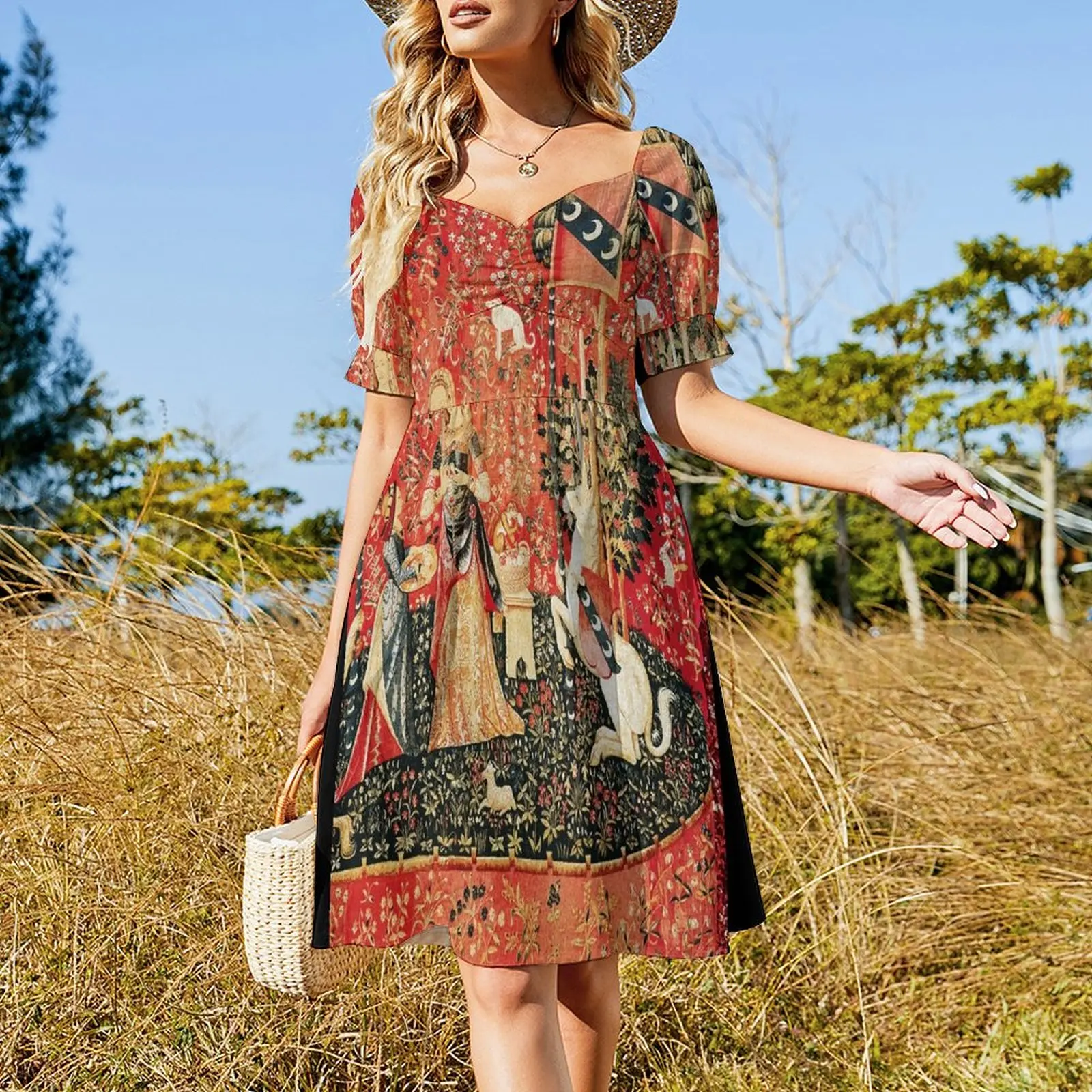 LADY AND UNICORN,SMELL,Lion,Fantasy Flowers,Animals Red Green Floral Tapestry Short Sleeved Dress evening dress Dress