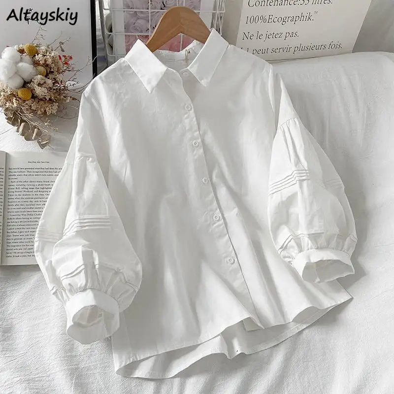 Long Sleeve Shirts Women Solid Folds Design Turn-down Collar Leisure Korean Style Students All-match Feminine Simple Cozy Ins