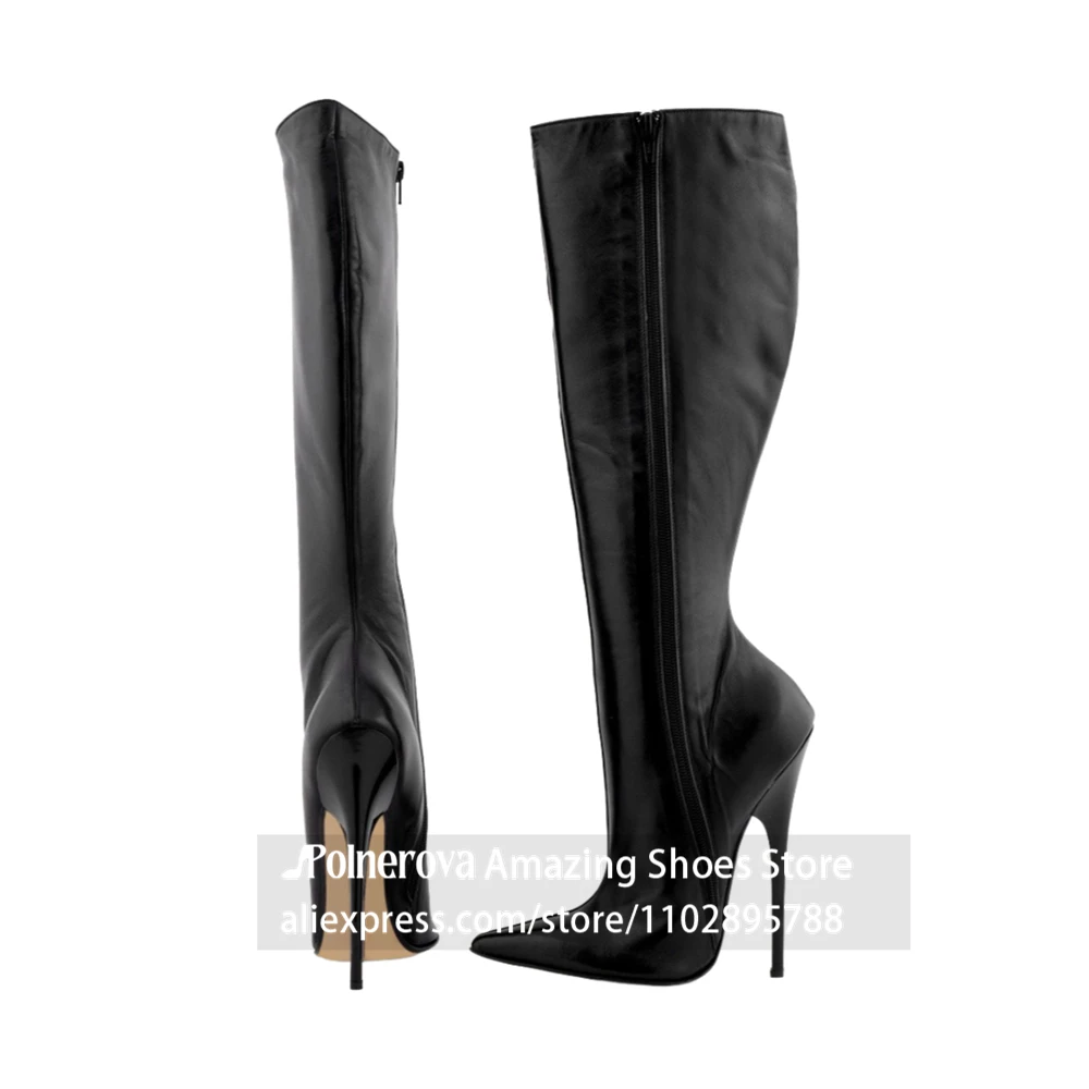 16cm Black Pointed Toe Stiletto Knee High Boots Sexy Style Lacquered Heel Boots Side Zip Smooth Leather High Heel Women's Boots