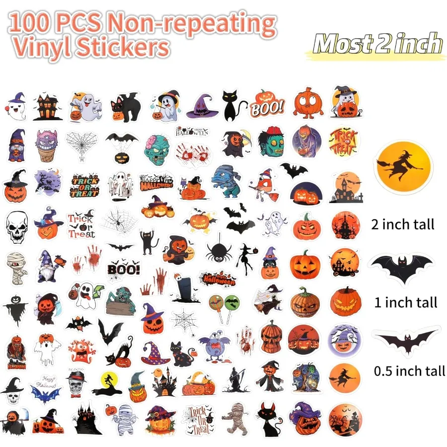 Pegatinas de Halloween 100 PCS Vinilo impermeable Pegatinas de calabaza fantasma para ideales para decoraciones de recuerdos de fiesta de Halloween en agua Bo
