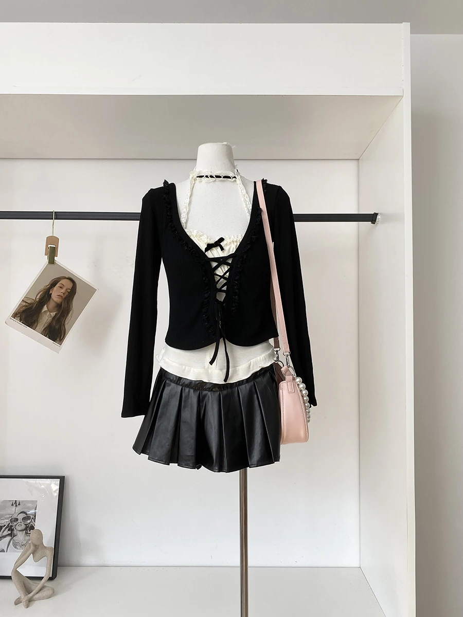 

Новинка осени 2025: Корейский модный комплект из двух предметов в стиле INS для женщин — футболка с длинным рукавом и топ с высокой талией для повседневной носки