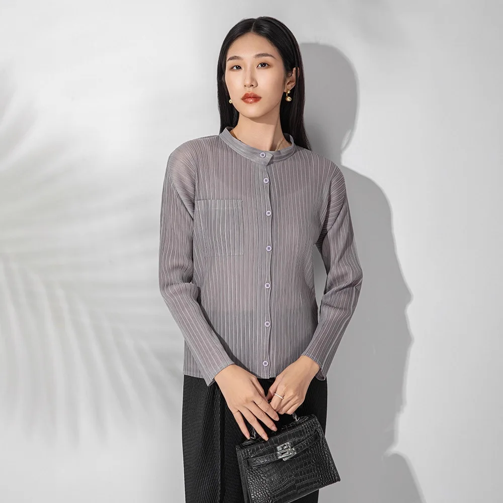 

Miyake Solid Color High-end Fashion Pleated Tops for Women 2025 New Short Long-sleeved Single-breasted Cardigan Stand Collar
