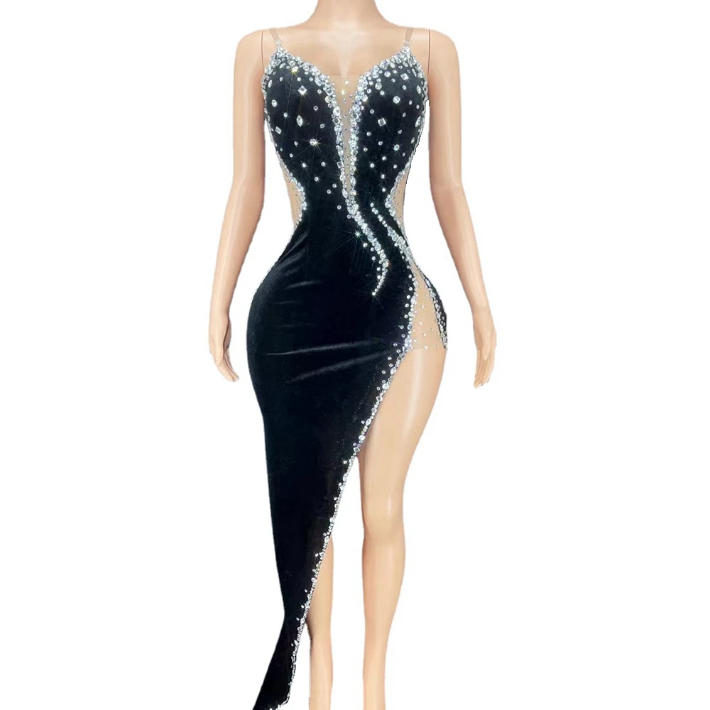 

Sexy Mesh Transparent Black Velvet Rhinestones High Split Long Dress Women Birthday Celebrate Evening Dress Singer Stage Wear