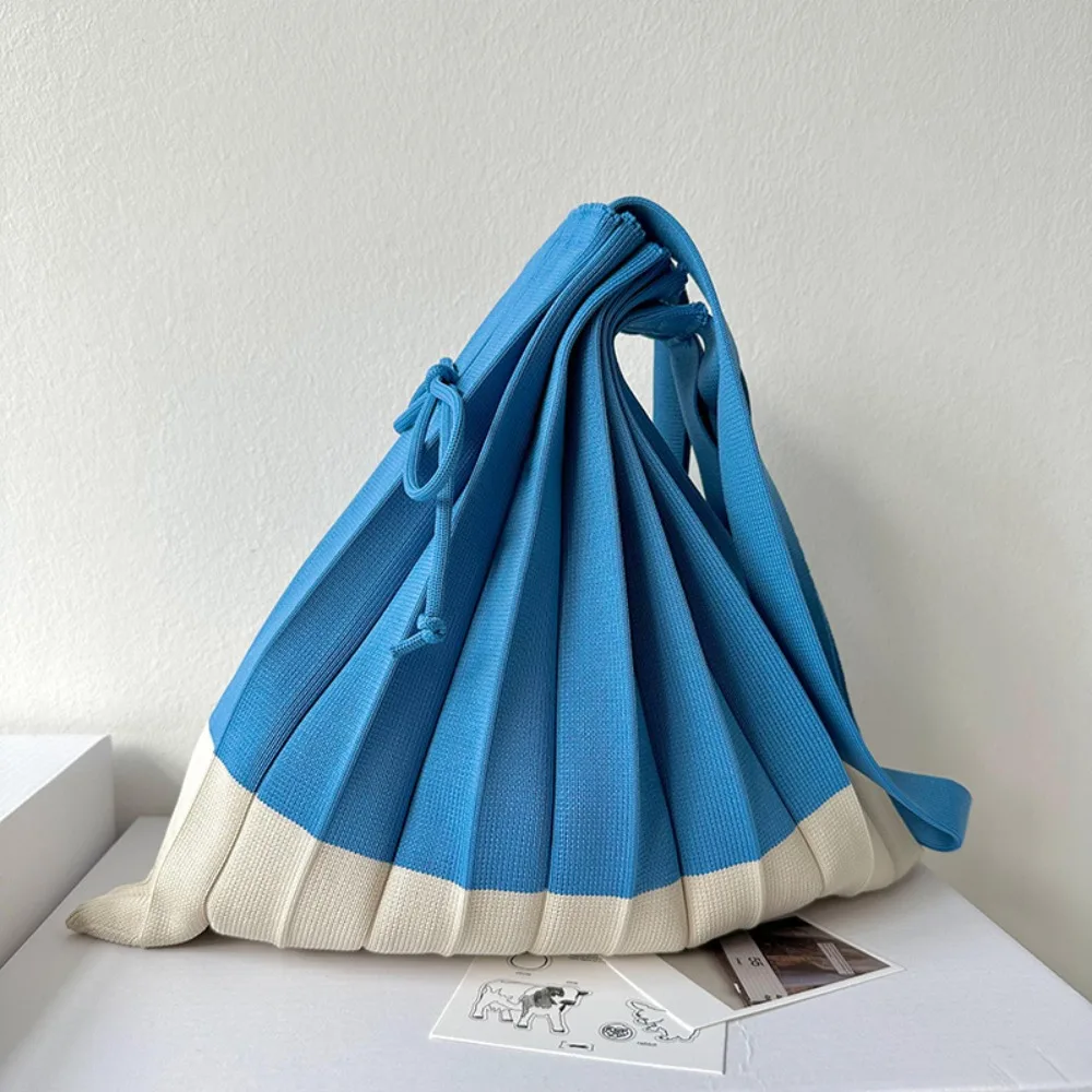 ハンドバッグ ニット折りたたみショッピングバッグ 大容量 環境に優しい 折りたたみ式 エコバッグ ショルダーポーチ コントラストカラー プリーツバッグ 旅行