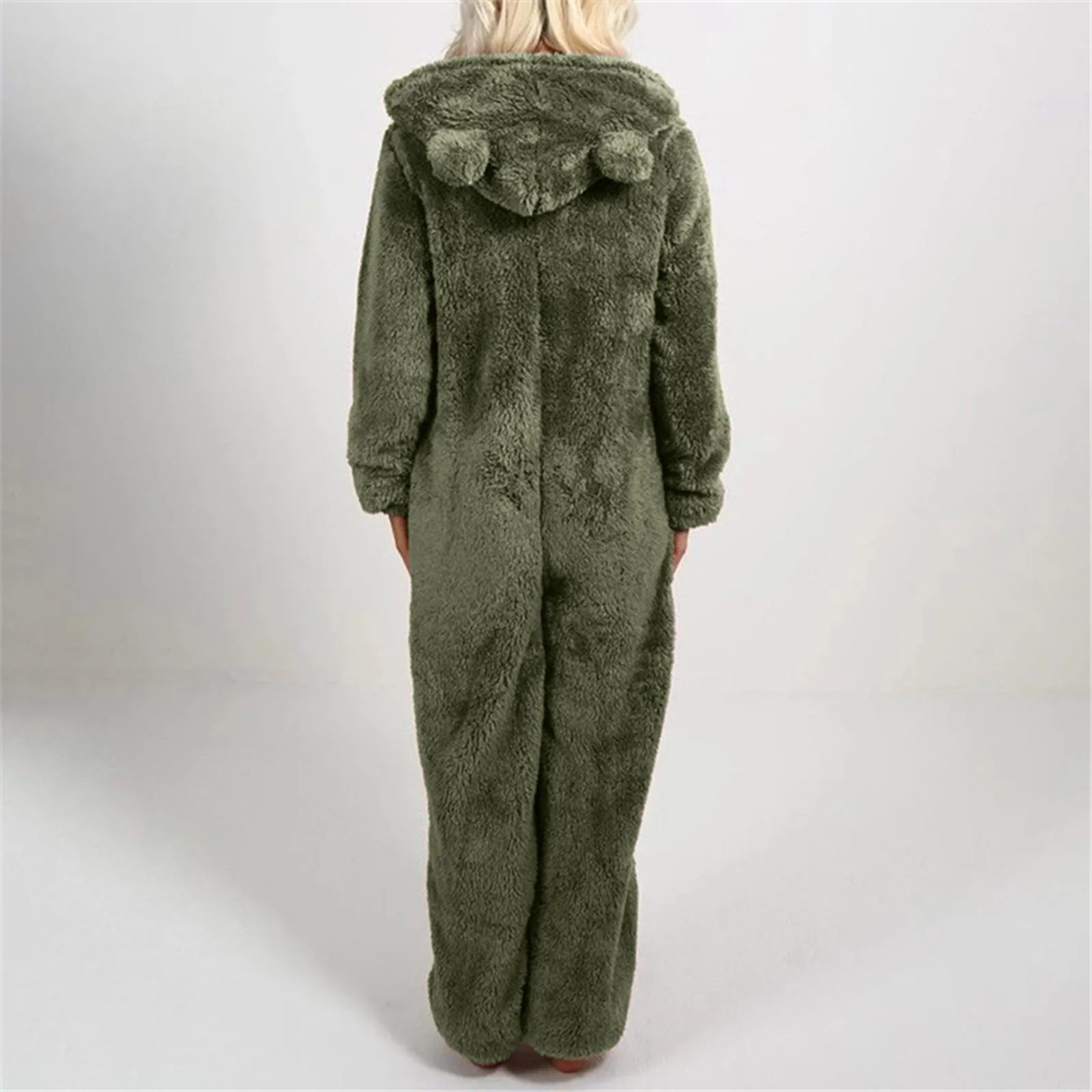 Cute Plush Cat Bear Ear Hat Women Jumpsuit Pajamas Solid Color One-Piece Zip Hooded Sleepwear Autumn Winter Warm Cat-Ear Romper