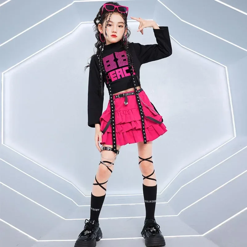 Meisjes Jazzdans Kleding Hip Hop Mode Pak Kinderen K-Pop Stage Performance Kostuum Zwart Tops Roze Rok Broek danskleding AMY804