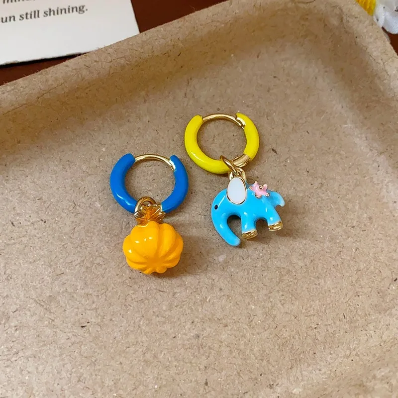 Minar Personality Mix Color Enamel Abstract Cartoonanimal Elephant Pumpkin Asymmetric Hoop Earrings for Women Every Day Jewelry