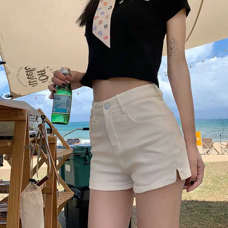 

White Denim Shorts Women Summer Thin High Waist Elastic A-Line Bodycon Slimming Hot Pants Trendy Short Hot Shorts