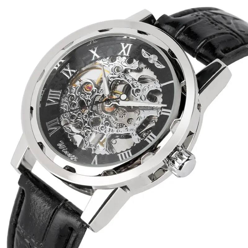 Winner Skeleton Mens Watch Transparent Case Wind UP Mechanical Wristwatch Luxury