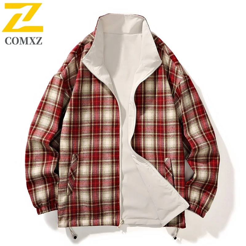 

COMXZ 2025 Mens Womens Reversible Plaid Jacket Double Sided Outdoor Lightweight Couple Stand Collar Hiking Coat