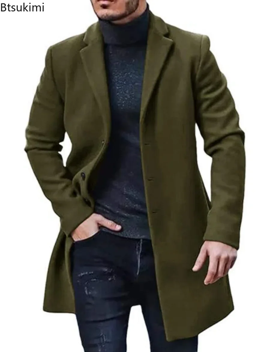 Neue 2025 Herbst Winter männer Lange-sleeve Revers einreiher Jacke Woolen Feste Taste Mäntel Beiläufige Lose männer Einfache Jacken