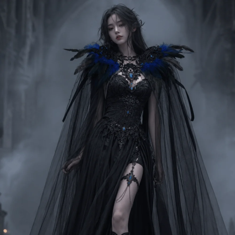 Black Halloween Feather Cloak Fur Collar Elegant Hollow Lace Mesh Cape Mesh Fringe Flowing Festival Costume Cape Dance Cloaks