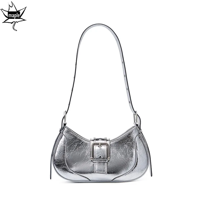 

Ins Stylish Burst Texture Oil Wax Cowhide Leather Underarm Purse Silver Black Beige Color Women's Handbag