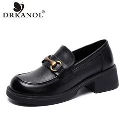 DRKANOL 2024 Autumn Genuine Leather Loafers Women Slip On Thick Heel Pumps Handmade Retro Round Toe Metal Trend Women Shoes