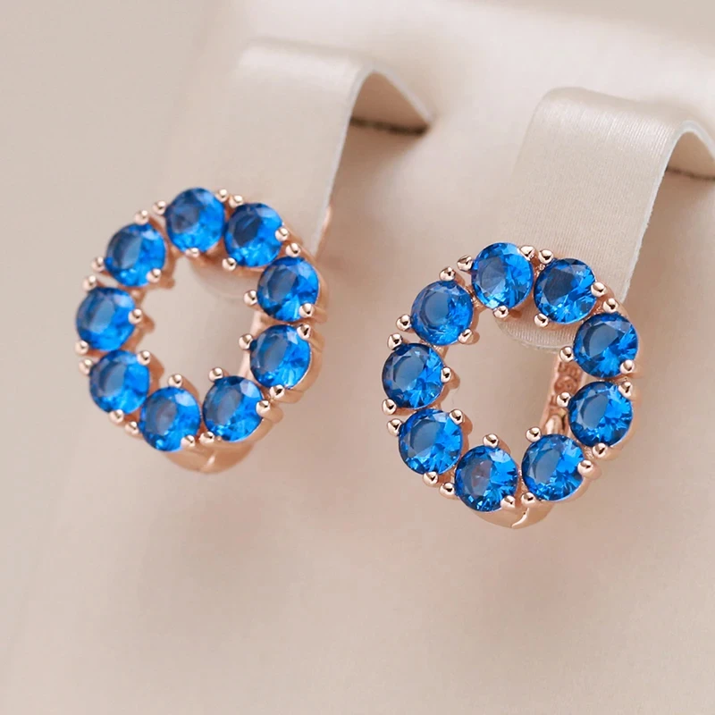 Wbmqda Blue Stone Round Hollow Earrings For Women 585 Rose Gold Color Trendy Zircon Jewelry Accessories