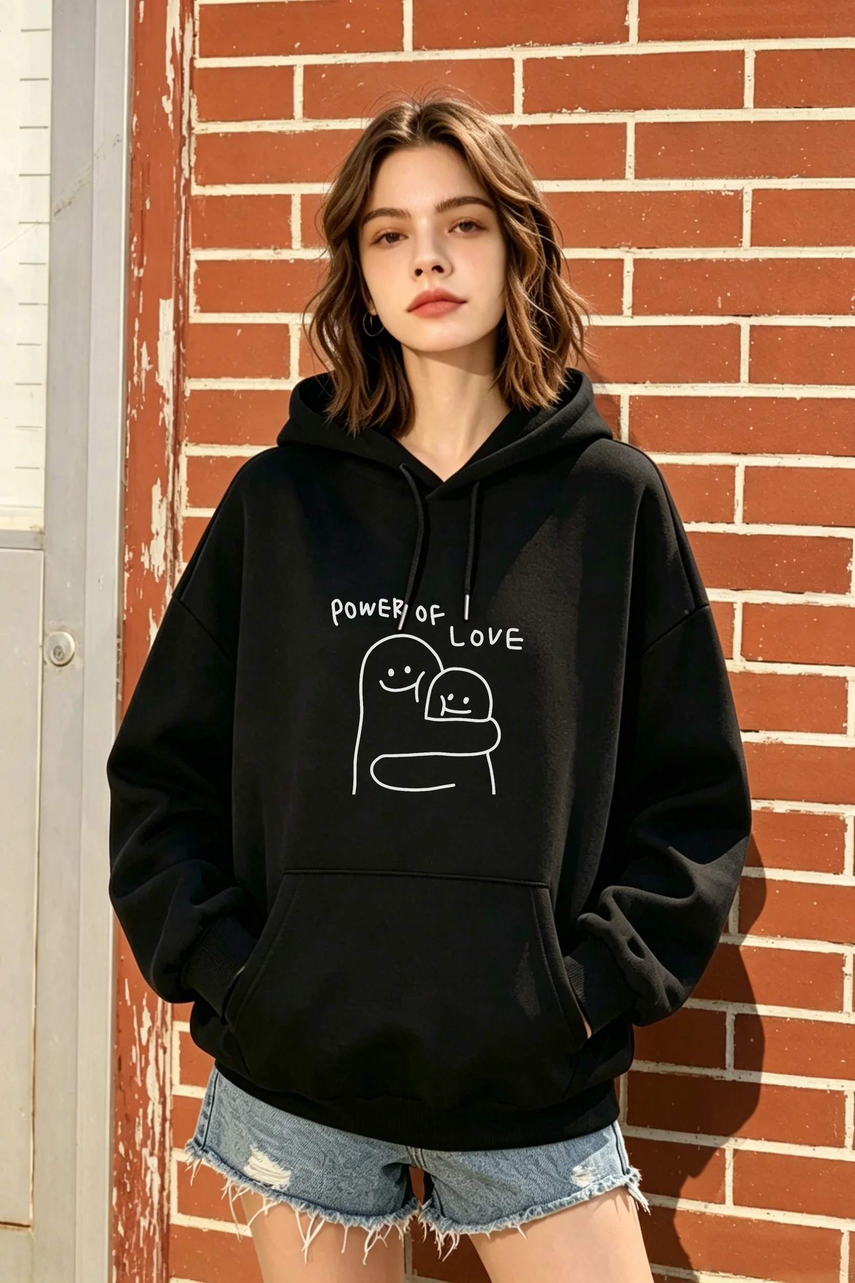 

Women's "POWER OF LOVE" Print Loose-Fit Hoodie, Stylish & Versatile, 3 Colors Available (Black/White/Grey)