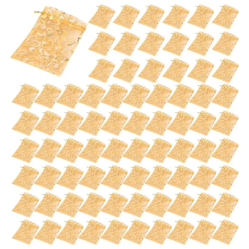 

M11K-500 шт. 9X12 см прозрачные мешочки для ювелирных изделий из органзы с сердечками и шнурком для свадебной вечеринки, рождественские подарочные пакеты (золото)